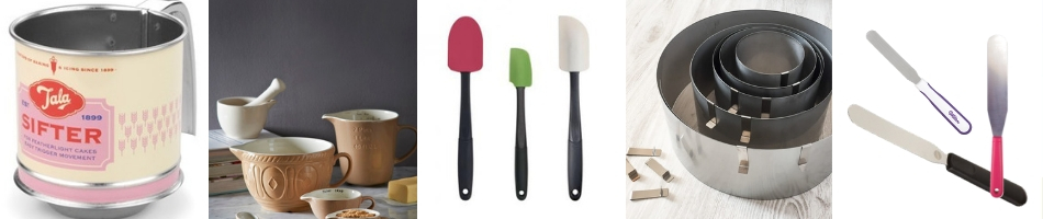 akcesoria przydatne do piecznia biszkoptu: ranty, misu, szpatuly, sitko do przesiwania