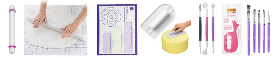 Narz�dzie do obr&oacute;bki lukru platycznego (fontantu): wa�ek, rede�ka, skalpel, p�dzelki, szpachla do wyg�adzania