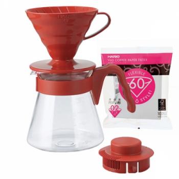 Zestaw startowy V60 Pour Over Kit (drip + server + filtry), czerwony - Hario