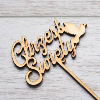 Topper ze sklejki Chrzest �wi�ty, napis z go��bkiem - Mill Art