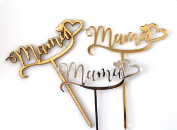 Topper z plexi Mama, napis z serduszkiem, srebrny - Mill Art