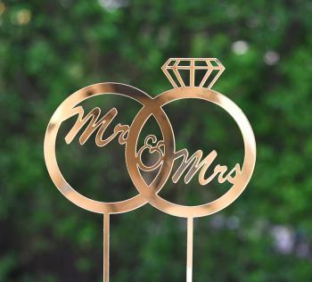 Topper z plexi obr�czki Mr & Mrs, z�oty (12 cm) - Mill Art