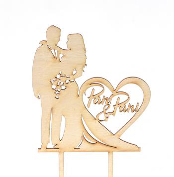 Topper ze sklejki �lubna para z napisem Pan&Pani serce  - Mill Art