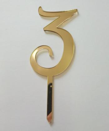 Topper z plexi cyfra 3, z�oty (wysoko��: 10 cm)  - Mill Art