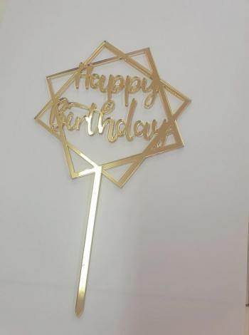 Topper z pleksi Happy Birthday, kwadraty (12 cm), z�oty - Mill Art