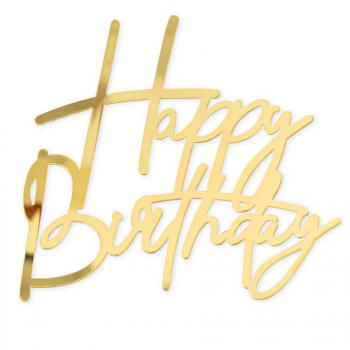 Topper Happy Birthday akrylowy, z�oty z pikerem - PartyPal