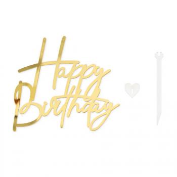 Topper Happy Birthday akrylowy, z�oty z pikerem - PartyPal