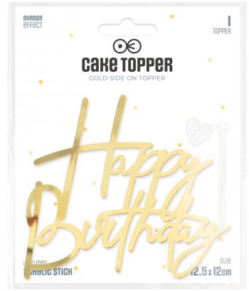 Topper Happy Birthday akrylowy, z�oty z pikerem - PartyPal