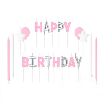 �wieczki urodzinowe literki Happy Birthday, zestaw r�owo - srebrny - PartyPal