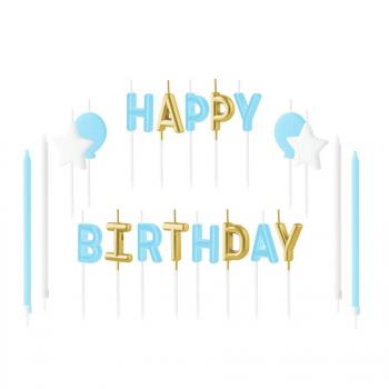 �wieczki urodzinowe literki Happy Birthday, zestaw niebiesko - z�oty - PartyPal