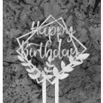 Topper ze sklejki Happy Birthday, kwadraty z listkami -...