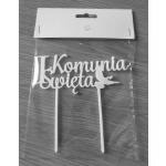 Topper bia�y I Komunia �wi�ta, napis z go��biem (12 x 5...