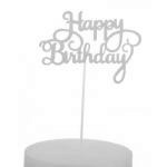Topper papierowy na tort happy birthday, srebrny brokat...